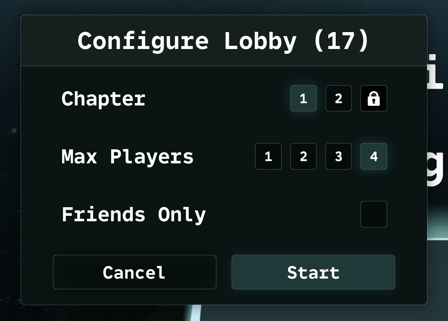 Configure Lobby window after finishing Chapter 1 with Chapter 1 and Chapter 2 selectable and Chapter 3 locked