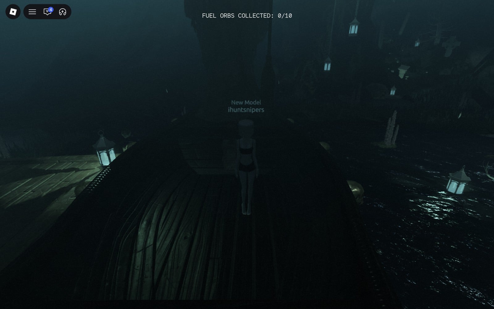 Boat stopped beside a wooden pier with FUEL ORBS COLLECTED 0/10 at the top of the screen