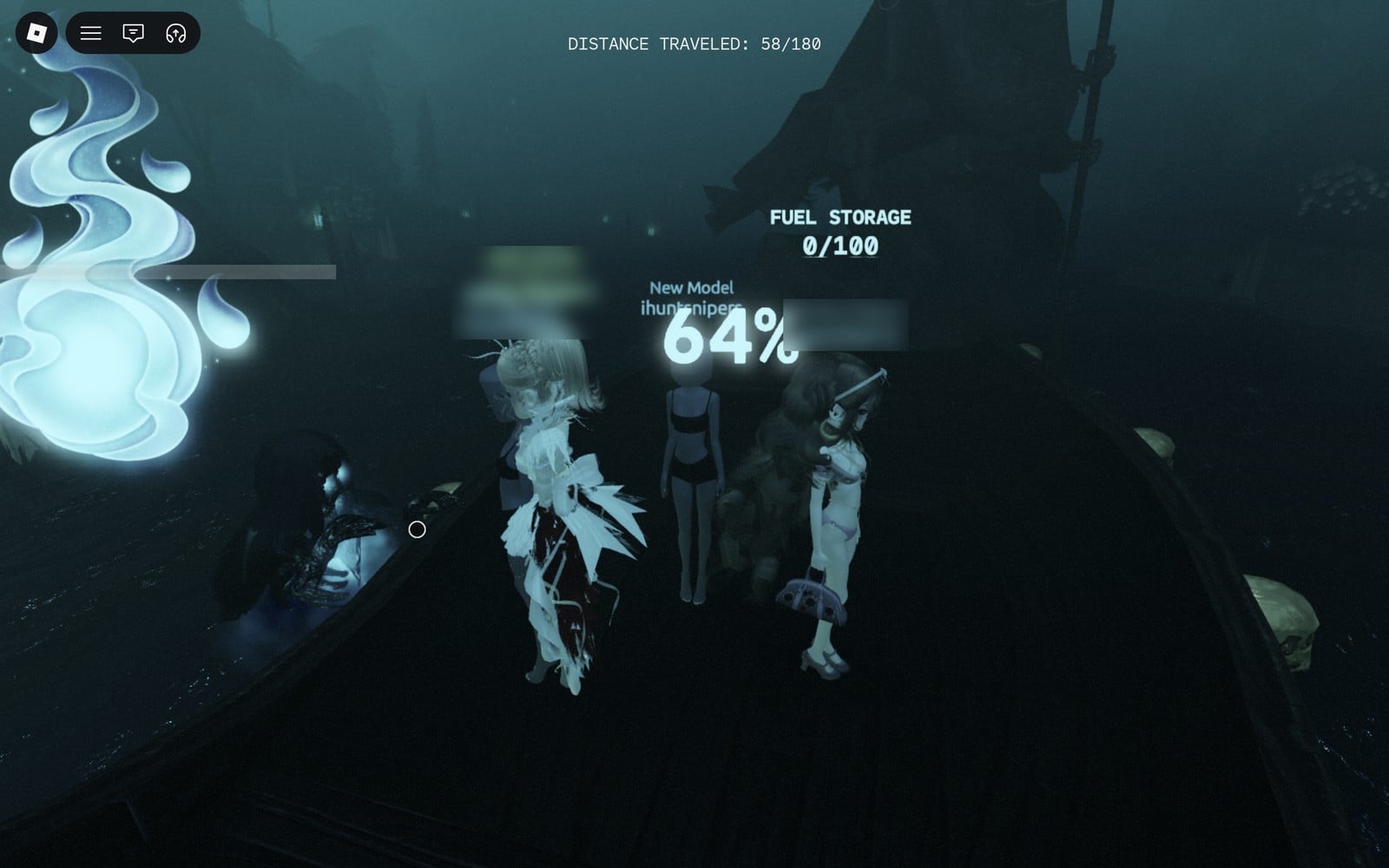 Four players on the Ferryman's boat with FUEL STORAGE 0/100, the light at 64 percent and DISTANCE TRAVELED 58/180