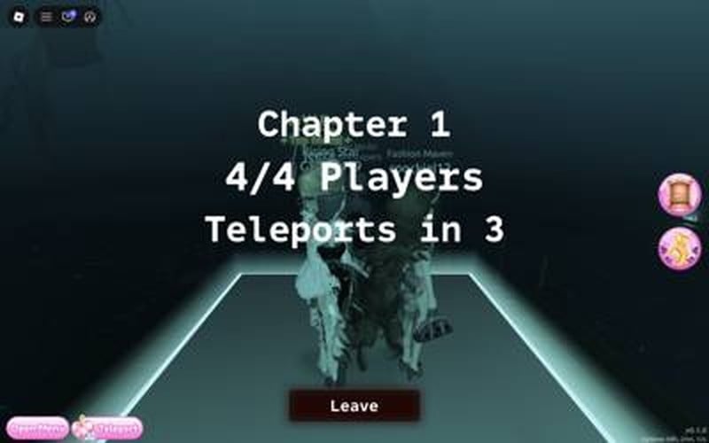 Glass pad label reading Chapter 1, 4/4 Players, Teleports in 3 with a Leave button below