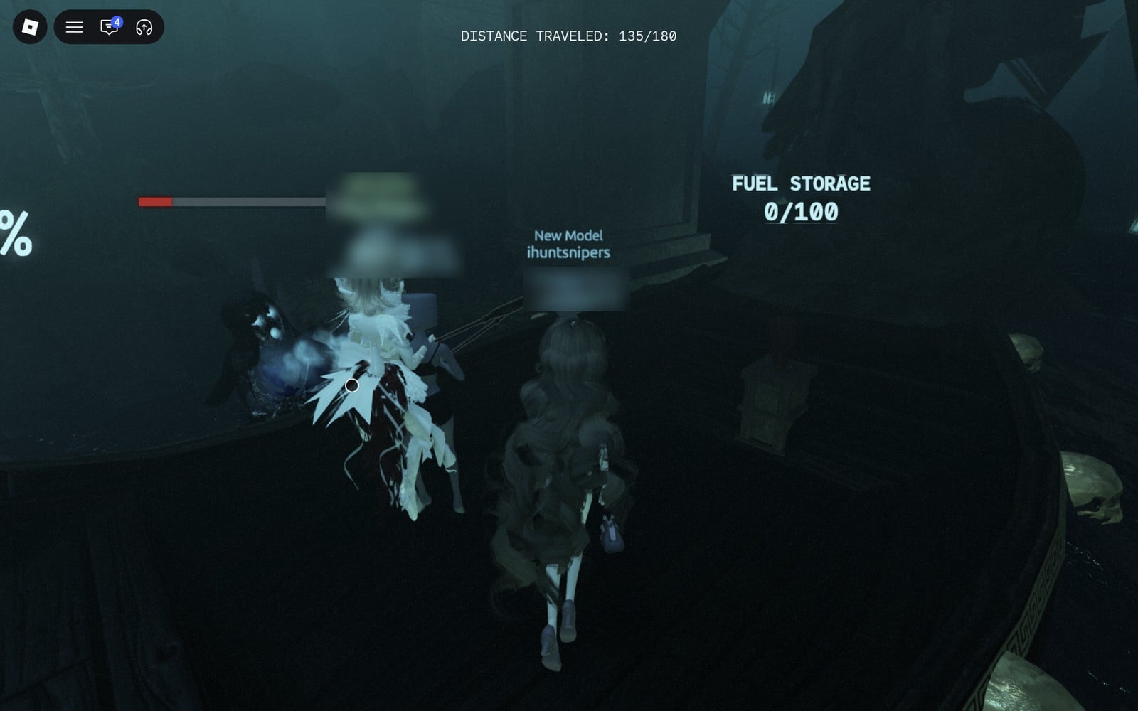 A spirit on the left side of the boat with a red and grey bar over it at DISTANCE TRAVELED 135/180, FUEL STORAGE 0/100