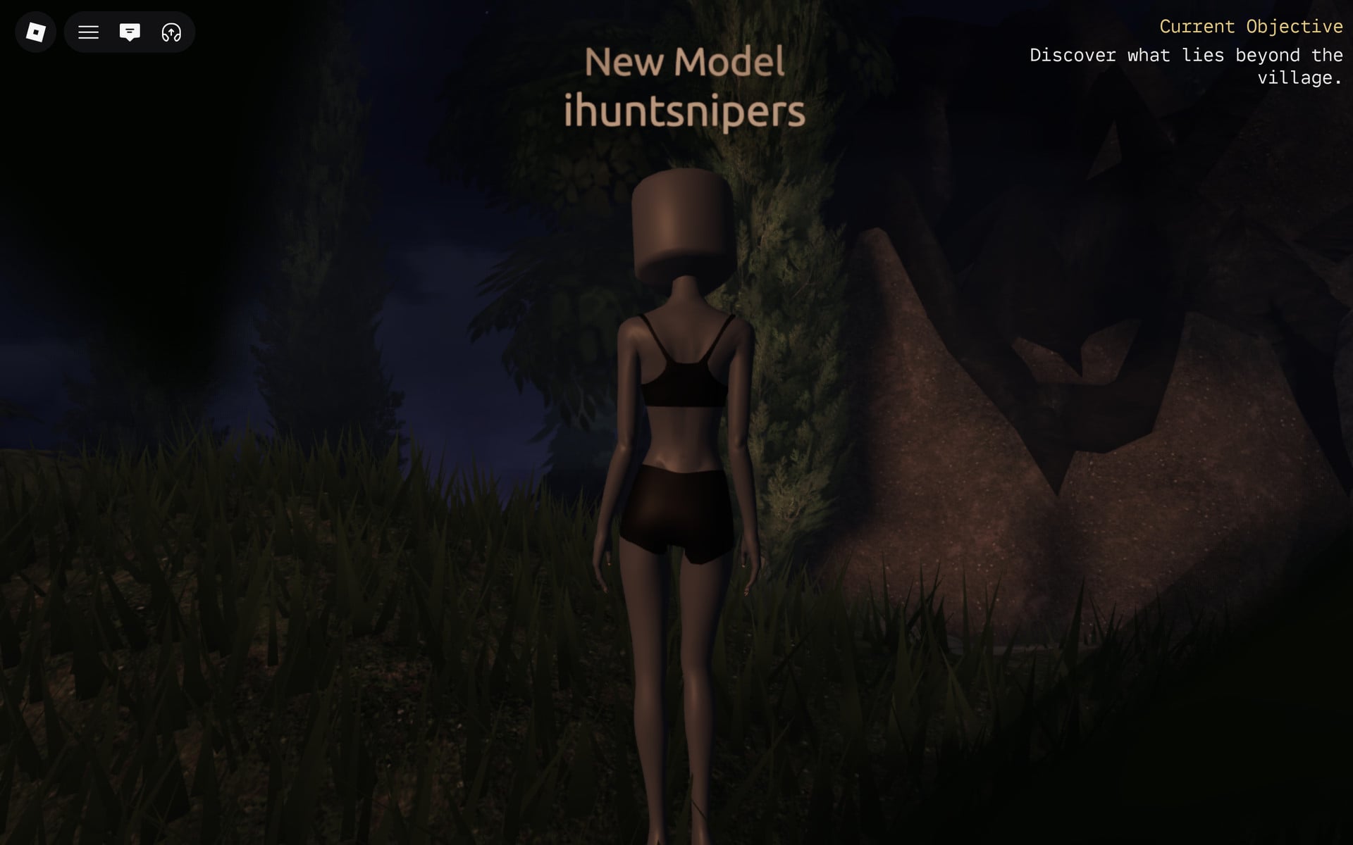 Character standing in tall grass among dark trees in the forest beyond the village gate