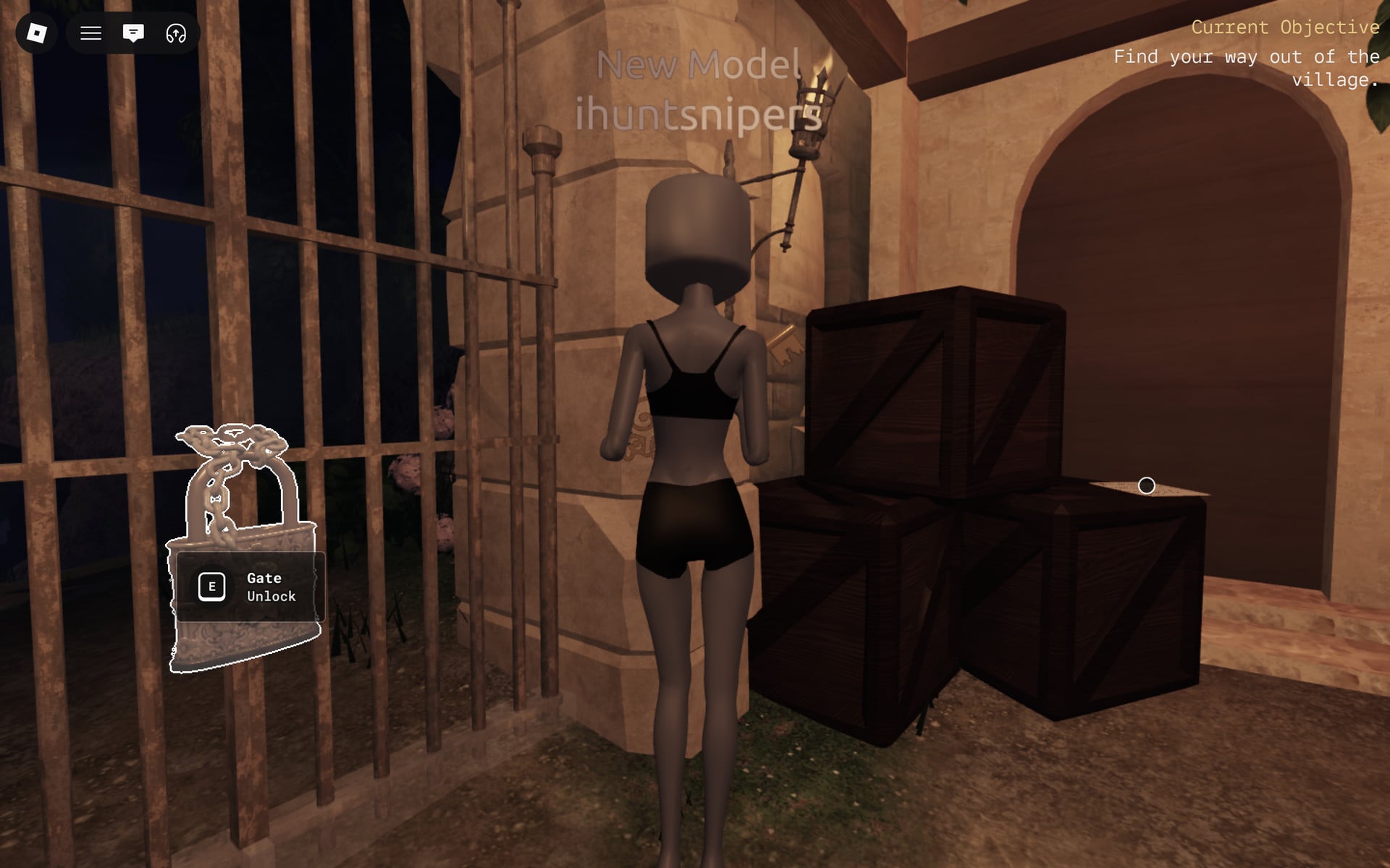 Character holding the gold Gate Key at the padlocked iron gate with the Gate Unlock prompt showing