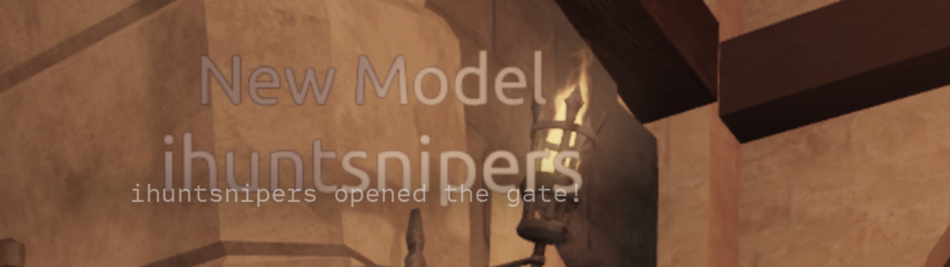 Close-up of the banner ihuntsnipers opened the gate! under the character's name tag