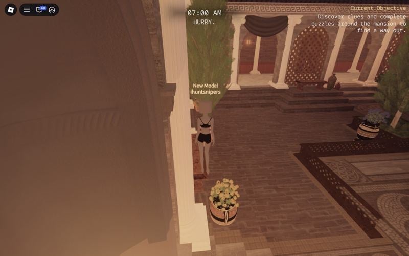 Mansion courtyard with the clock at 07:00 AM and HURRY. underneath