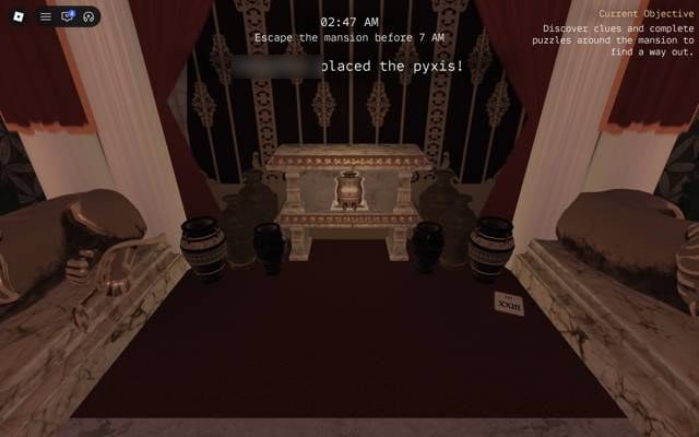 Stone altar between black urns with the small lidded pyxis on top and a paper on the floor reading XXIII, banner placed the pyxis at 02:47 AM