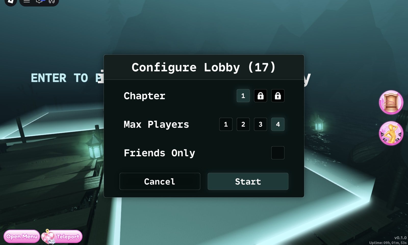Configure Lobby window with Chapter 1 open and two locked chapters, Max Players 1 to 4, Friends Only, Cancel and Start