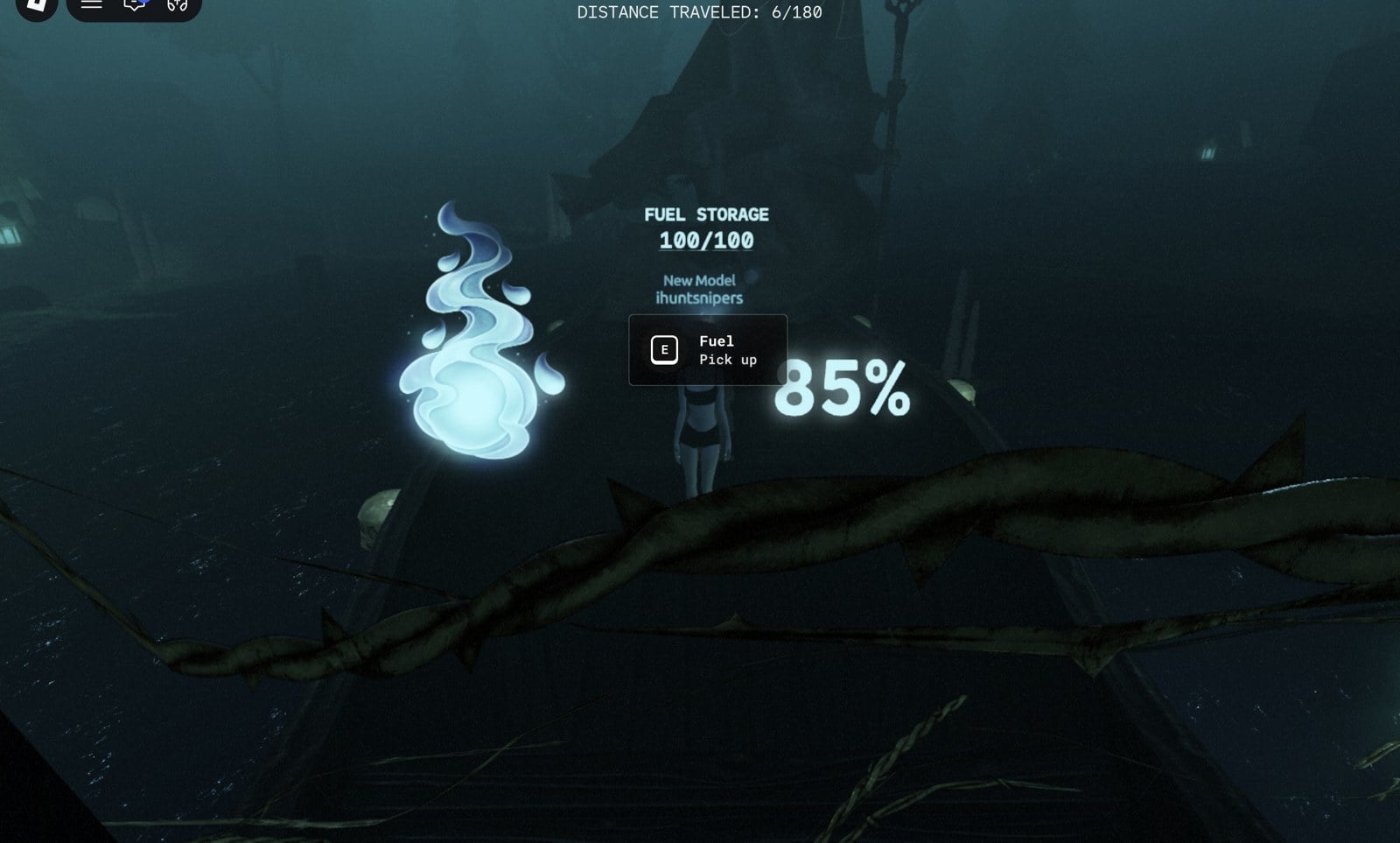 Boat with FUEL STORAGE 100/100 over a blue flame, a Fuel Pick up prompt and the lantern at 85 percent