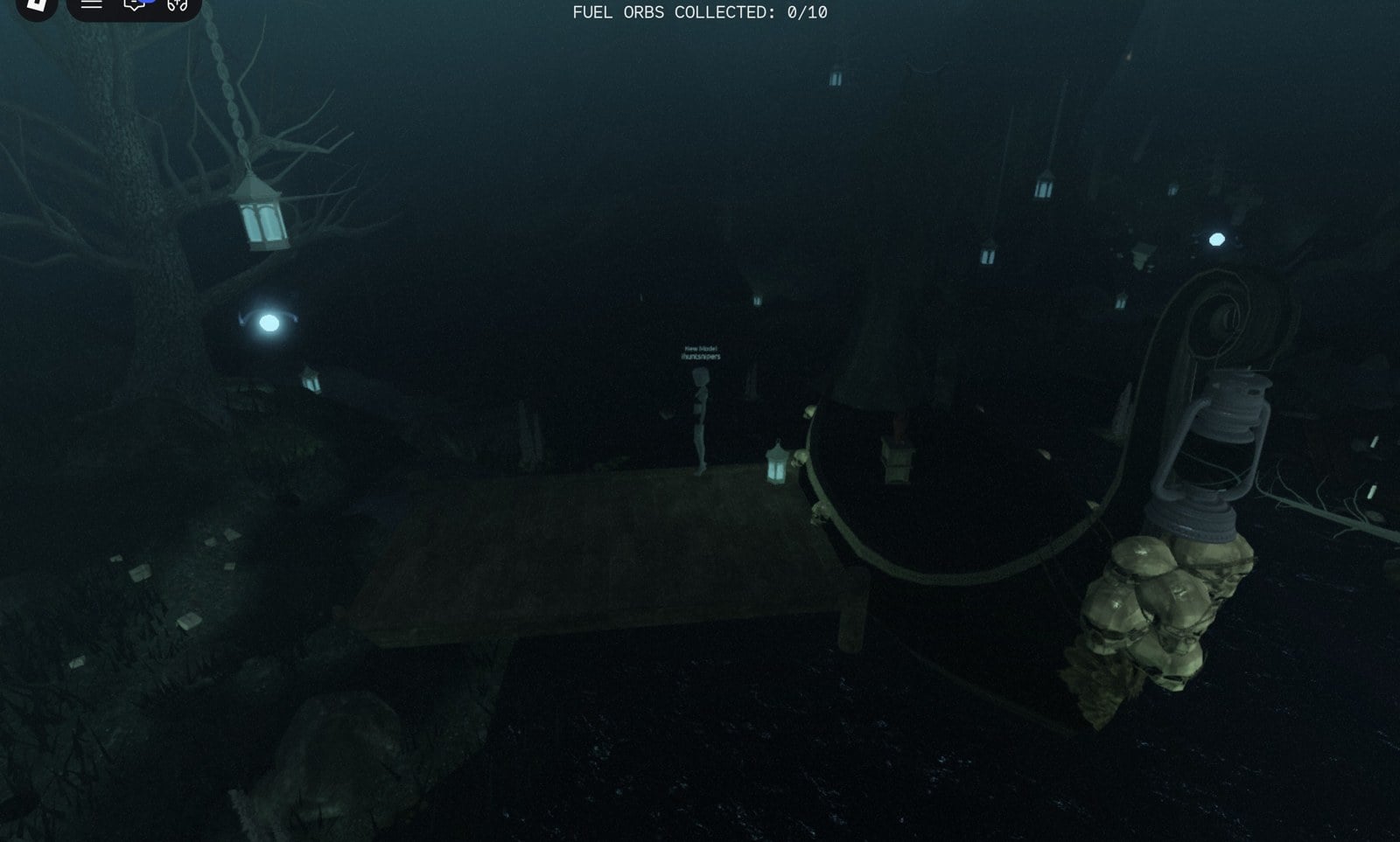 Boat stopped at a wooden pier with FUEL ORBS COLLECTED 0/10 at the top and a glowing orb on the island