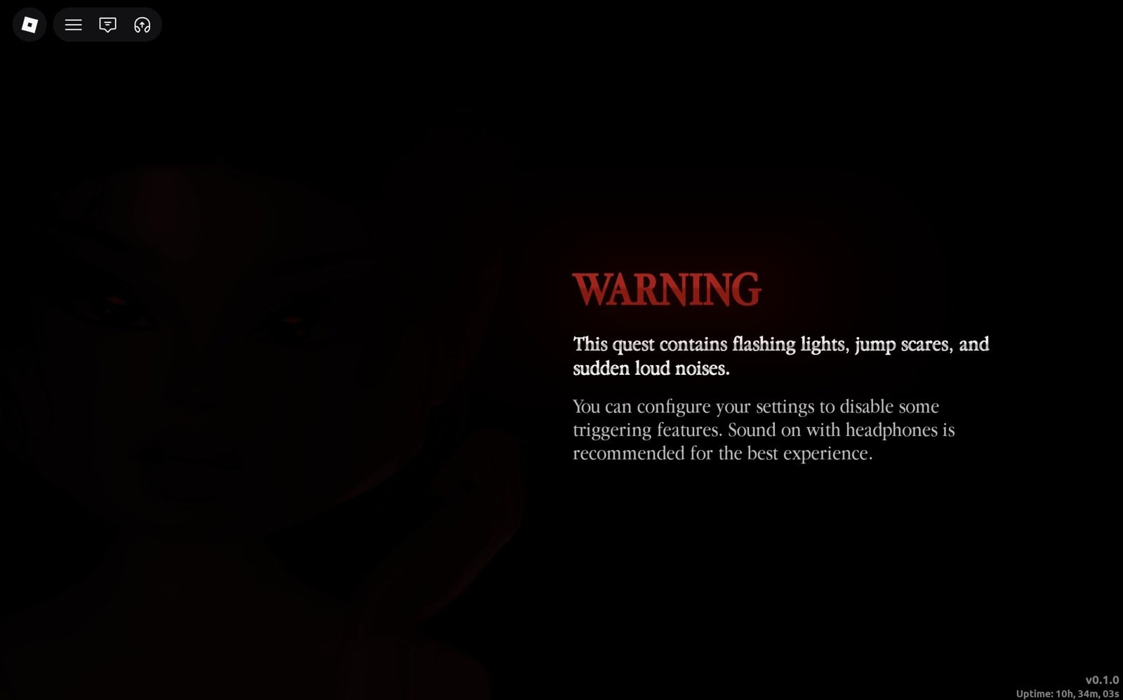 Red WARNING card about flashing lights, jump scares and sudden loud noises