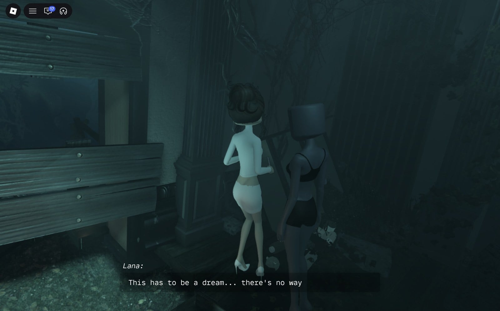 Lana in a white outfit by a pillar in the flooded salon, saying this has to be a dream