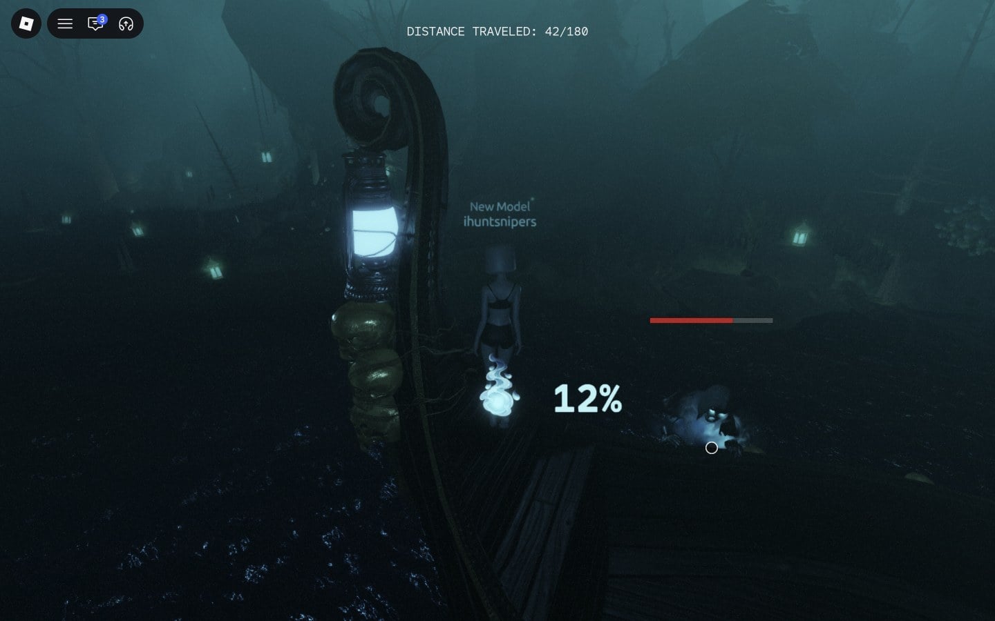 Lantern on the curved pole with the light at 12 percent at 42/180 and a spirit with a red bar on the hull