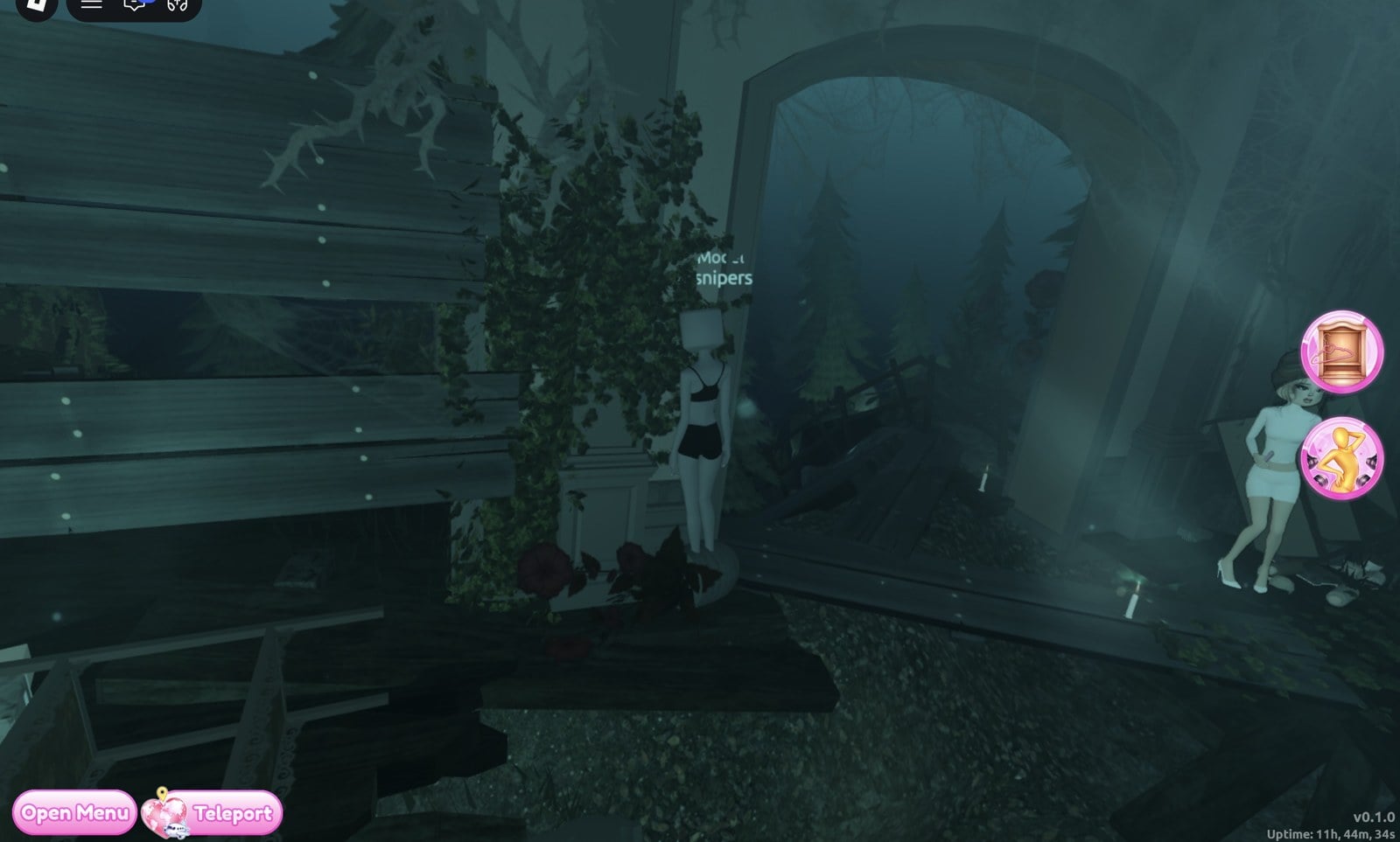 Stone archway out of the flooded salon with pine trees beyond it and Lana standing to the right