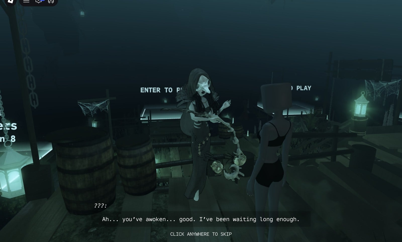 Styx in a bird-skull mask with a skull staff on the dock between ENTER TO PLAY pads