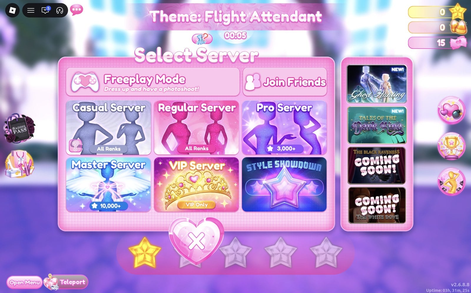 Dress To Impress Select Server menu with the Tales of the Dark King card marked NEW in the right column