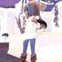 Boho look: cream lace prairie dress with a tan sun hat and brown fringed boots
