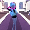 Cyberpunk look: black strap jacket with a cyan Neon belt, hot pink sleeves and cyan curls