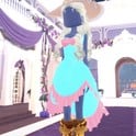 Deserted Island tropical look: turquoise and pink party dress with pale blonde curls