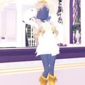 Divine Beings goddess look: white short dress, gold boots, pale blonde curls and gold crown