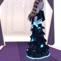 Robot Takeover look: black Metallic tiered gown with a glowing cyan Neon hem