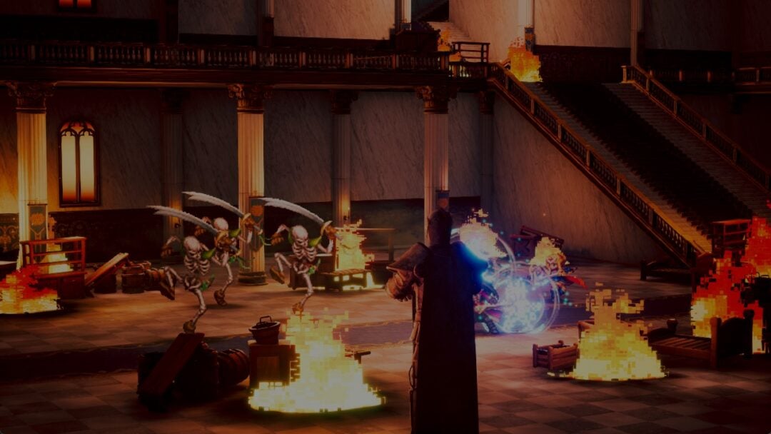 Skeletons attacking in a burning hall of Grandshelt Castle in Final Fantasy Resonance