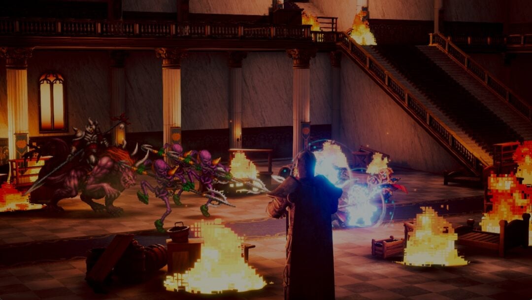 Hell's Rider and three Dark Skeletons facing the party at the grand staircase of burning Grandshelt Castle in Final Fantasy Resonance