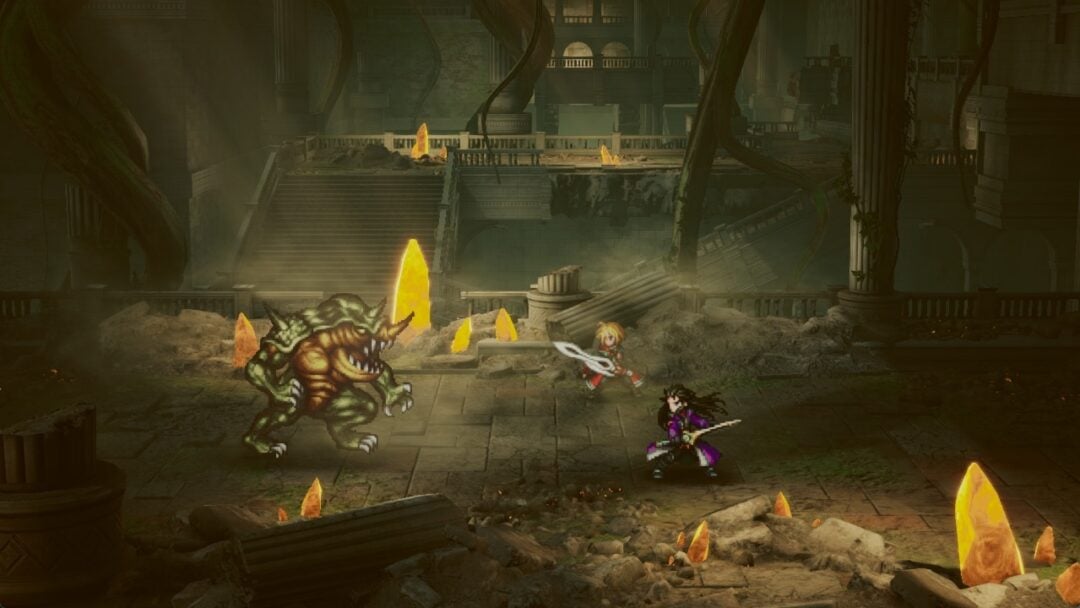 Rain and Lasswell facing Belmodar among the glowing crystals of the Earth Shrine in Final Fantasy Resonance