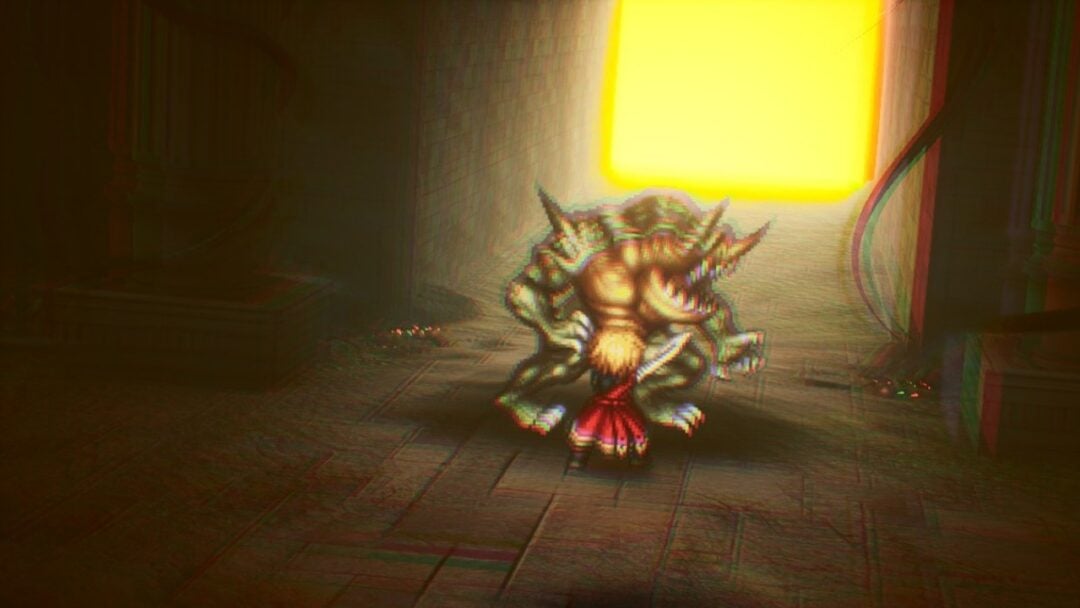 Belmodar rising in front of a glowing doorway in the Earth Shrine in Final Fantasy Resonance