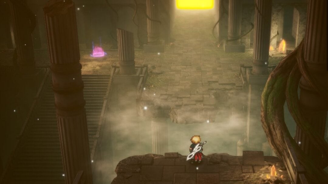 Rain on a ledge in the Earth Shrine hall facing the fog gap and the glowing doorway