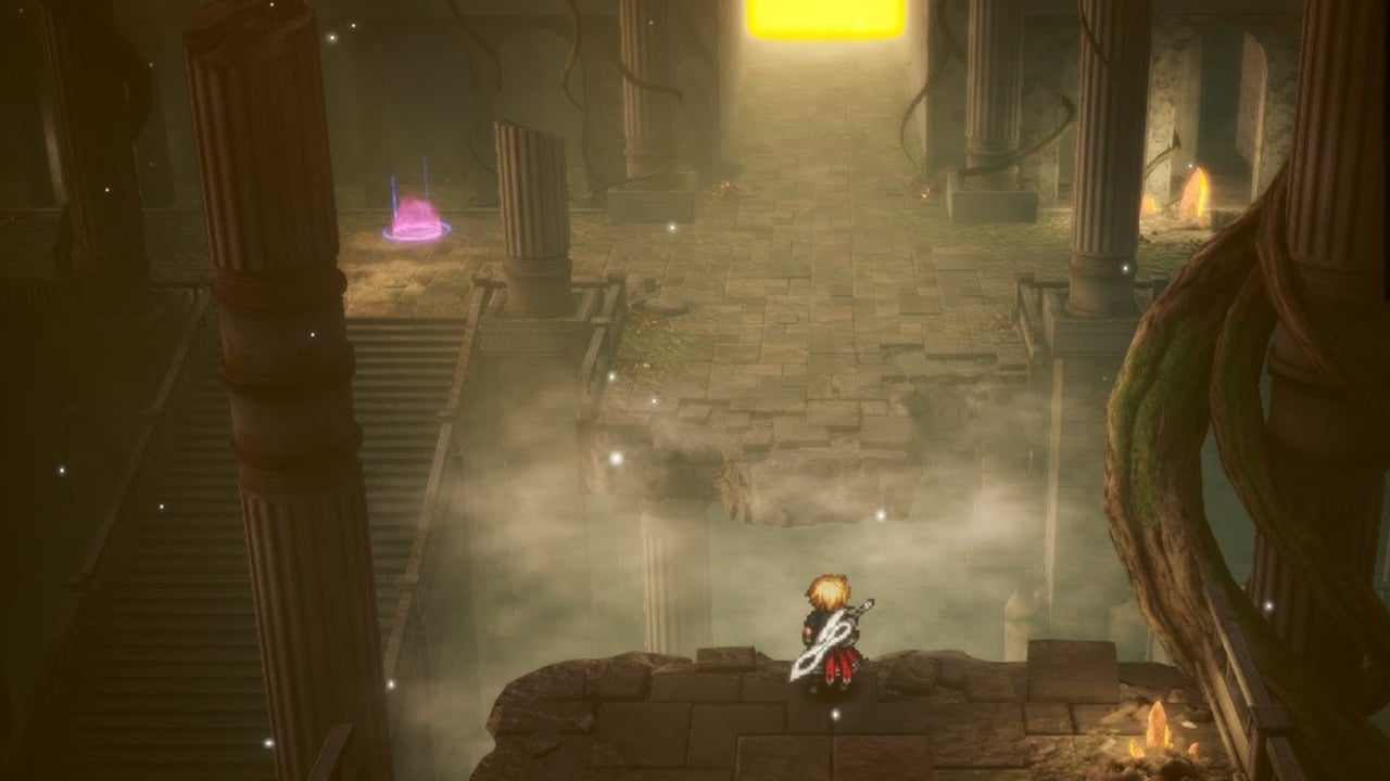 Rain on a ledge in the Earth Shrine hall facing the fog gap and the glowing doorway