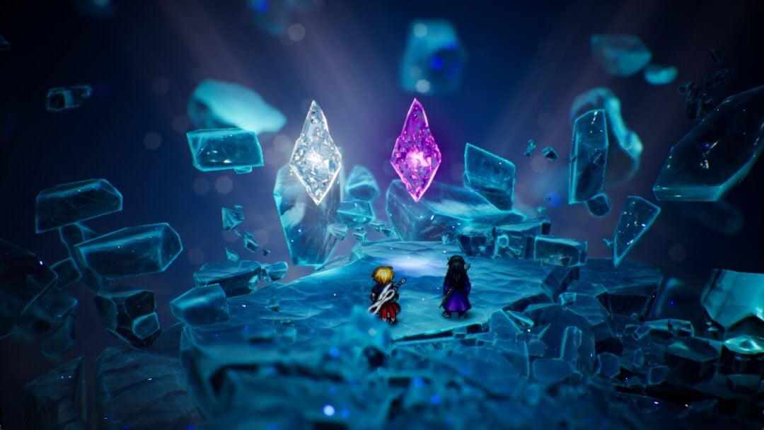 Rain and Lasswell standing before the white and purple Vision Crystals in the chamber beneath Rain's house