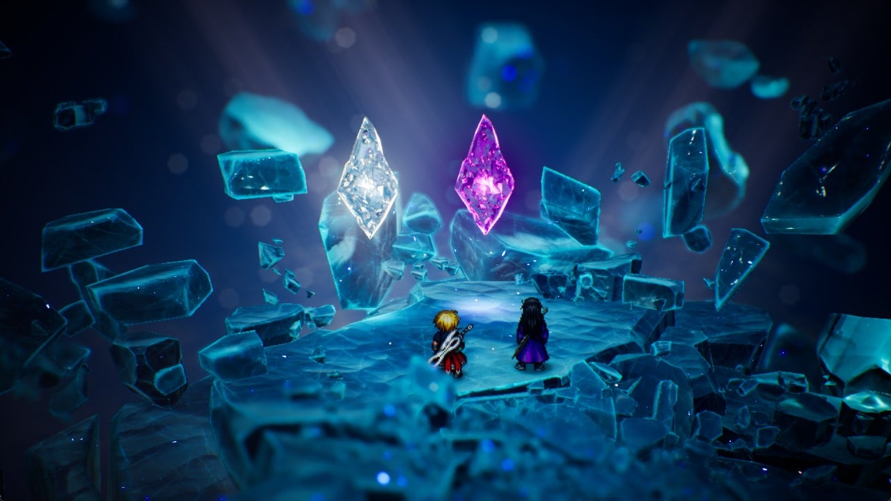 Rain and Lasswell standing before the white and purple Vision Crystals in the chamber beneath Rain's house
