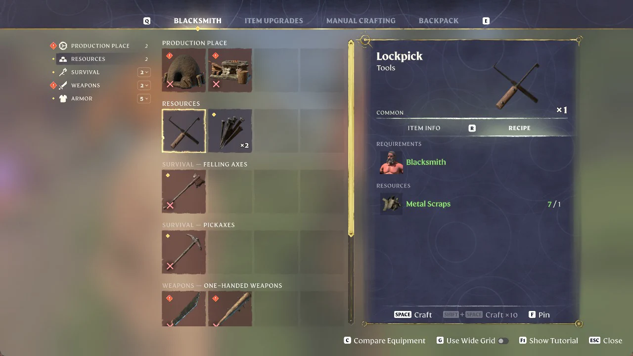 Lockpick recipe selected under Resources on the Blacksmith screen, costing Metal Scraps