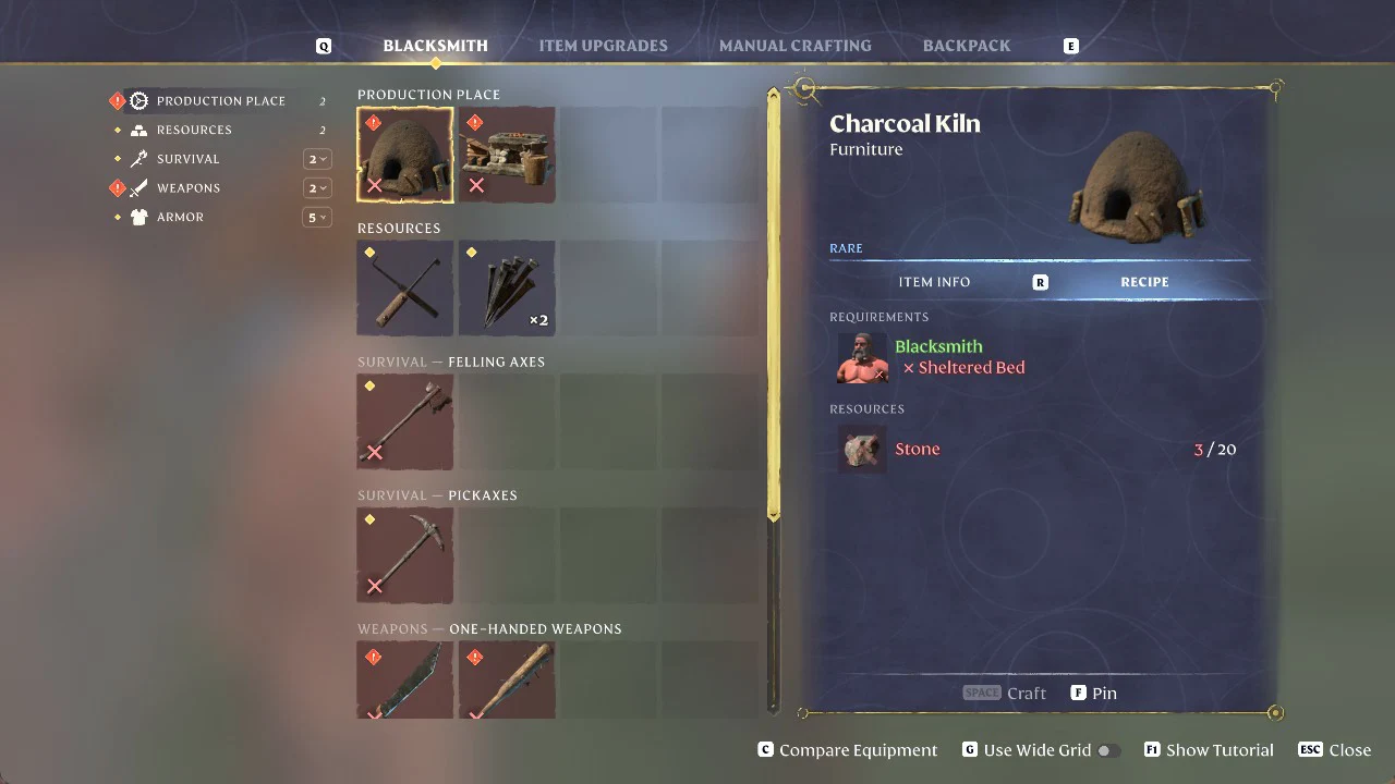 Charcoal Kiln recipe selected on the Blacksmith screen with its Stone requirement shown