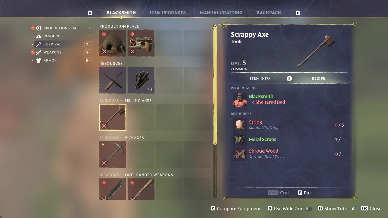 Blacksmith menu with the Scrappy Axe selected under Survival, listing its requirements and resources