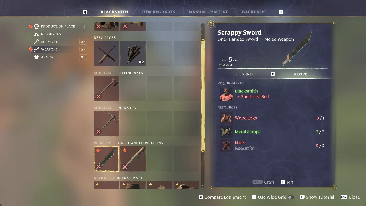 Scrappy Sword recipe tab open in the Blacksmith menu, showing its requirements before crafting