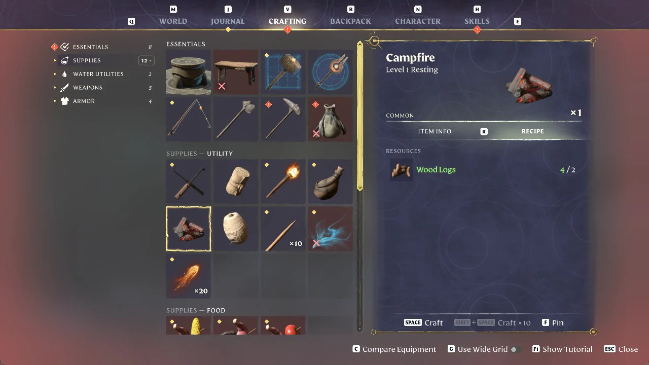 Crafting tab with the Campfire selected and enough Wood Logs to craft one