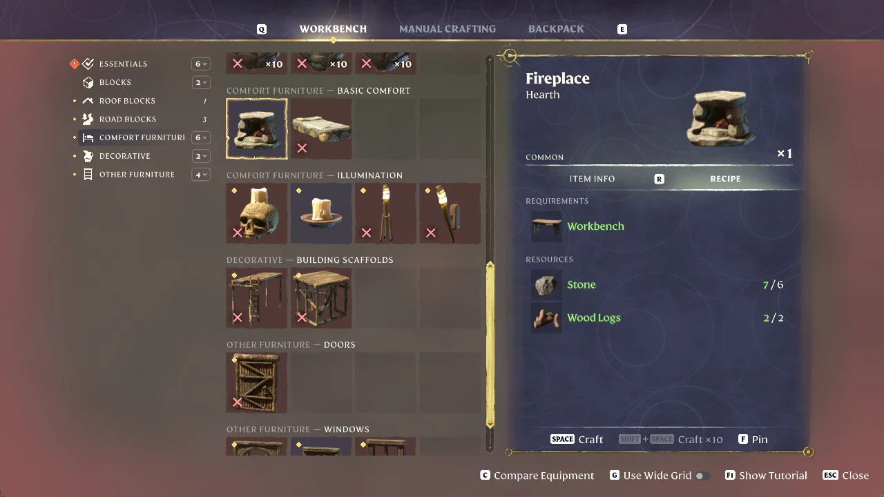Workbench menu with the Fireplace recipe selected, costing six Stone and two Wood Logs