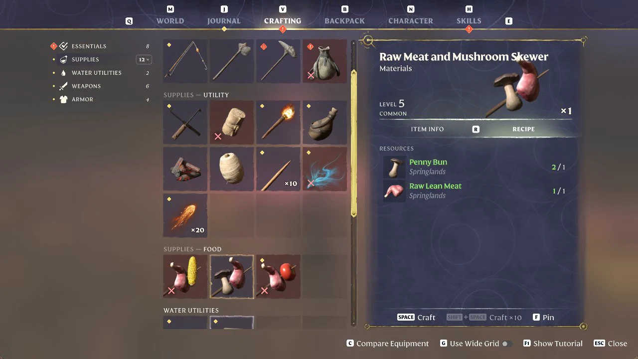 Crafting tab with the Raw Meat and Mushroom Skewer selected and both ingredients available