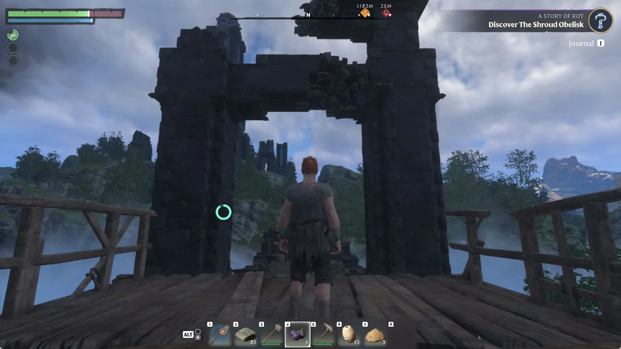 Character on a wooden watchtower platform at Braelyn Bridge facing a broken stone archway
