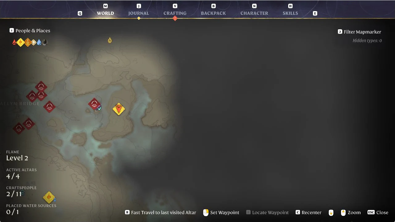 World map showing Flame Level 2, Active Altars 4/4 and the Fast Travel to last visited Altar option