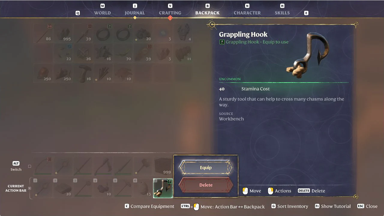 Backpack tab showing the Uncommon Grappling Hook item card, Stamina Cost 40, with an Equip and Delete menu