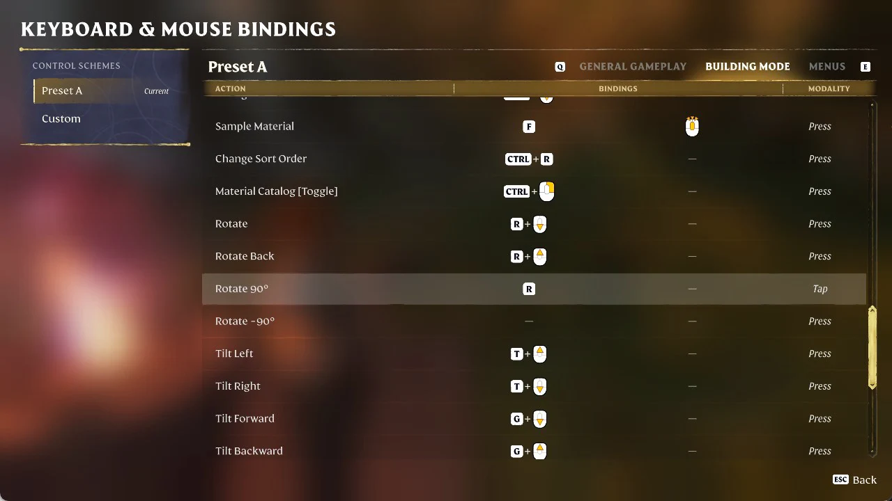 Building Mode tab of the Keyboard and Mouse Bindings screen with Rotate 90° bound to R as a tap