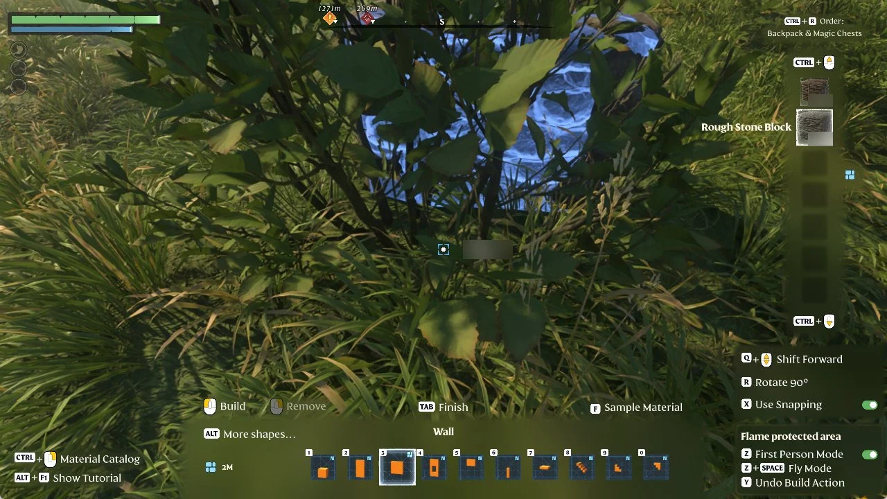 First Person Mode switched on in Enshrouded building mode with the toggle green and a Wall preview behind a bush
