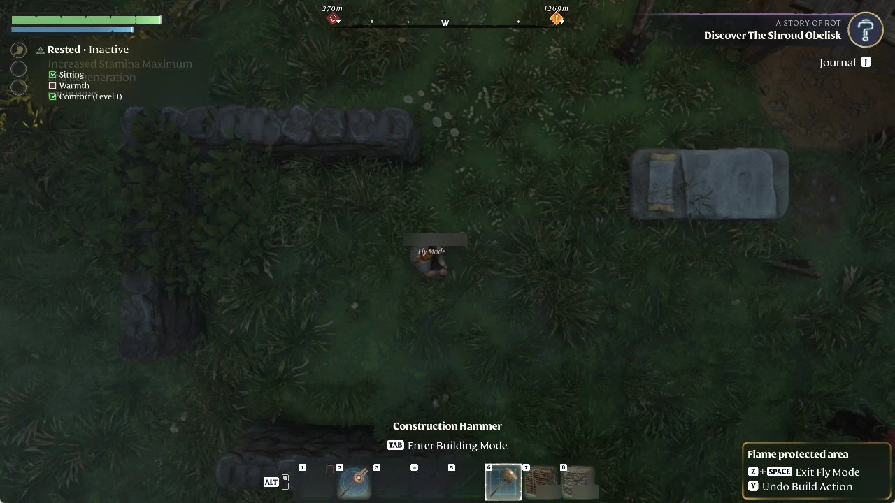 Overhead Fly Mode view of three Rough Stone walls and Oswald's Crude Mattress at dusk