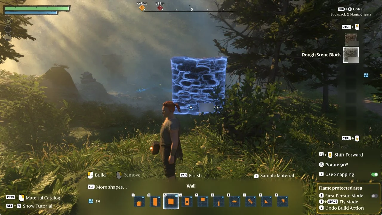Rough Stone Wall preview hanging in the air ahead of the character with the camera held level