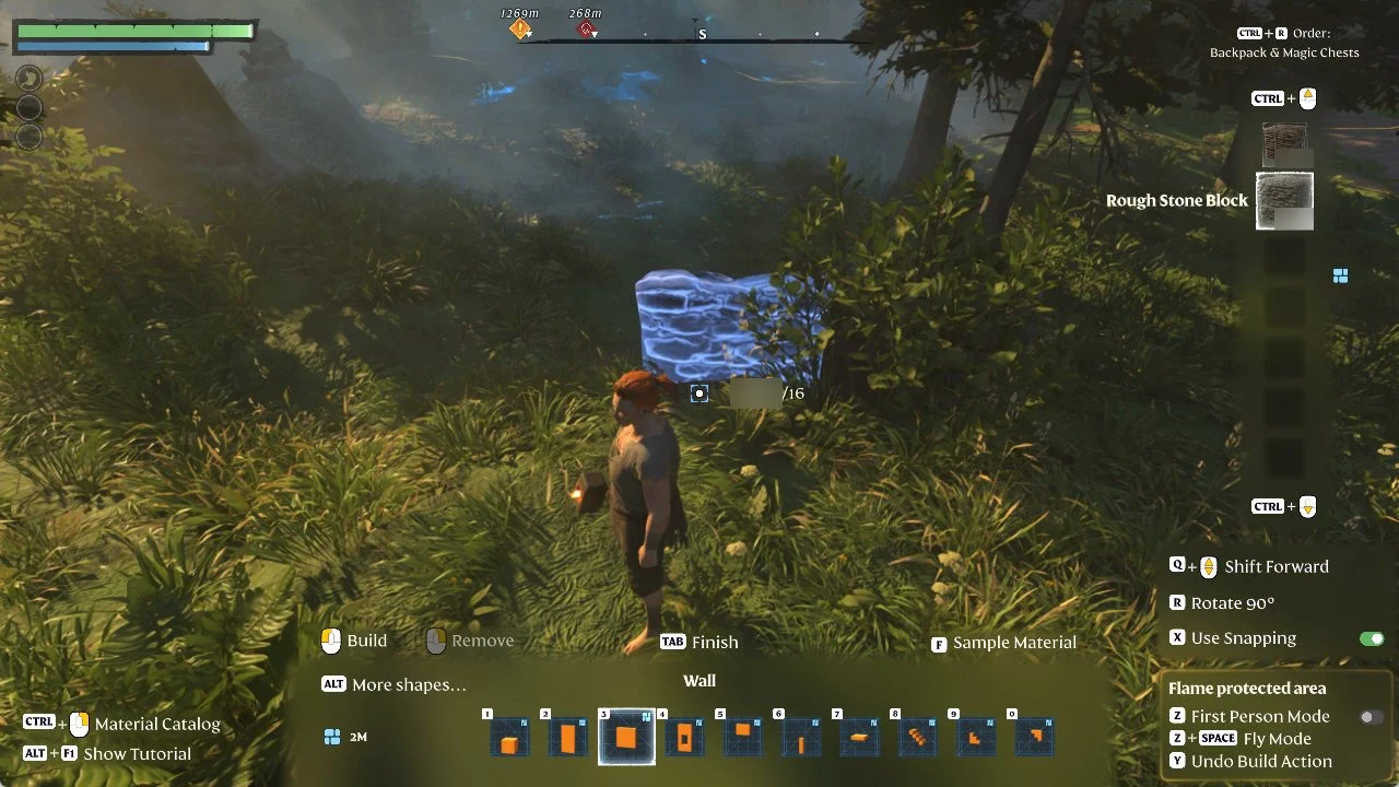 Blue Rough Stone Wall preview sitting on the ground in front of the character in Enshrouded building mode