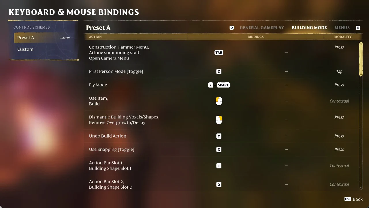 Preset A bindings on the Building Mode tab, listing hammer menu, fly mode, dismantle and snapping keys