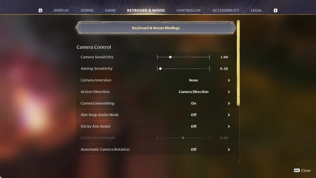 Enshrouded KEYBOARD & MOUSE settings tab with the Camera Control sliders listed below the bindings button