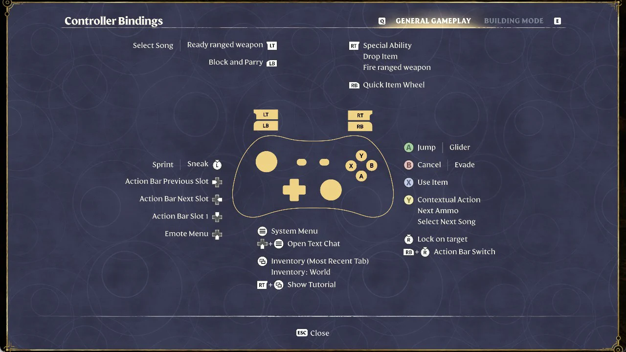 Enshrouded Controller Bindings diagram on the General Gameplay tab with triggers, face buttons and D-pad labeled